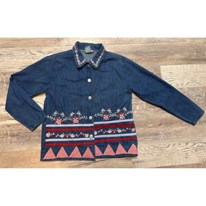 VTG Y2K Nectar Cottagecore Floral Embroidered Blue Denim Jacket Blazer Sz M